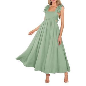 NEW Flutter Sleeve Square Neck Tie Back A-Line Maxi Dress Pocket XL